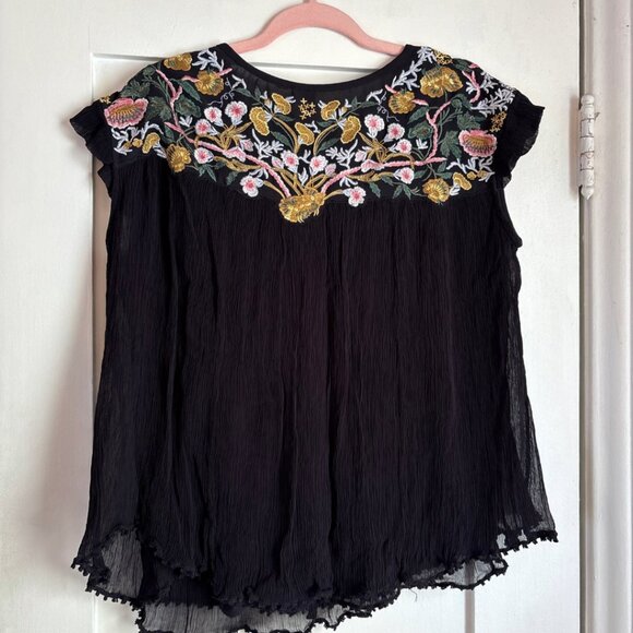 Seen Worn Kept Black Embroidered Sheer Blouse Women’s Small Boho Floral Festival - Picture 6 of 6